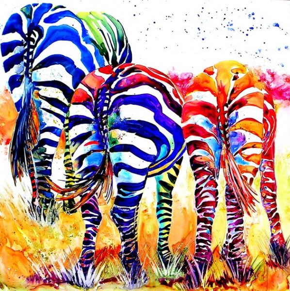 3zs. Watercolor. "It might seem crazy but when I saw the B&W zebras all I could imagine painting was all this color!"